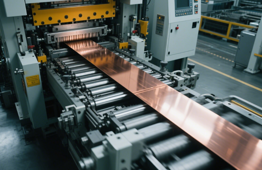 A progressive die stamping press is in operation, with a gleaming strip of copper sheet metal feeding into the complex machinery.